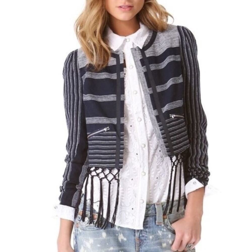 Rebecca Minkoff Womens Size 6 Emerson Fringe Linen Blend Striped Evening Jacket